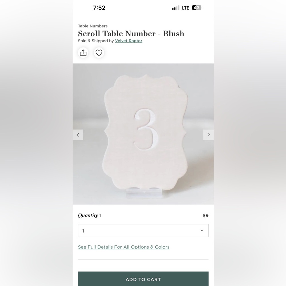 Minted Scroll Table Number - Blush Numbers 1-15